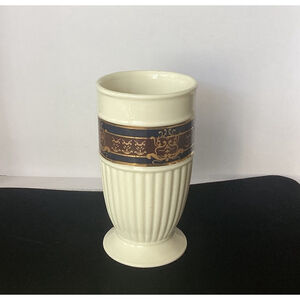 Small Ribbed Vase Off White W/Navy & Gold Design Hanover 5” Vintage